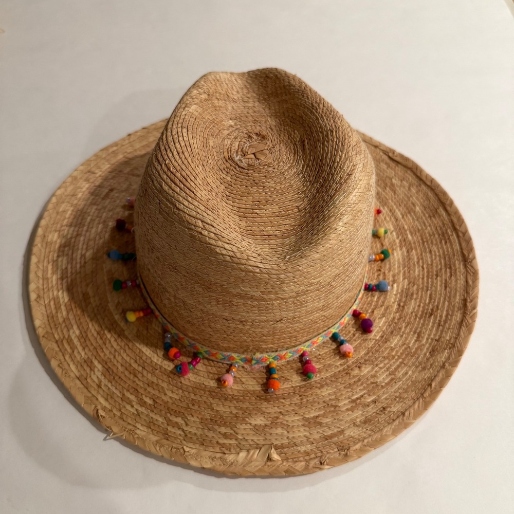Mexican Straw Sun Hat Wide Brim Fedora Colorful Beads Pom Poms Tan Large kids‎